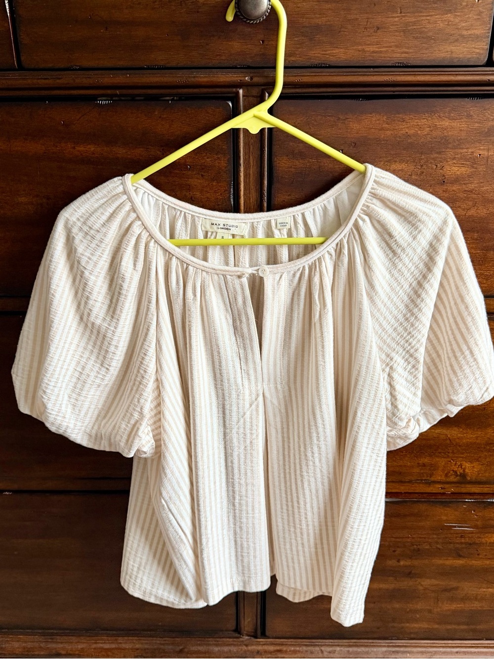 Max Studio Cream With Tan Stripes Textured Puff-Sleeve Peasant Top